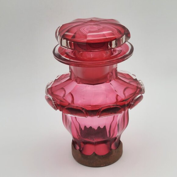 Vintage Cranberry Glass Apothecary or Dresser Jar with Mushroom Stopper 6 1/2" H - Picture 3 of 12